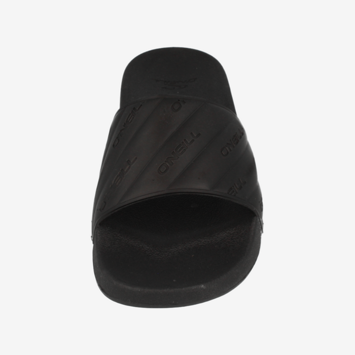 Black slide sandal on a white background