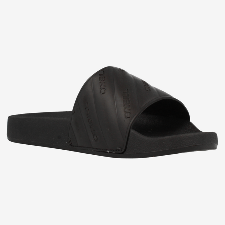 Black slide sandal on a white background
