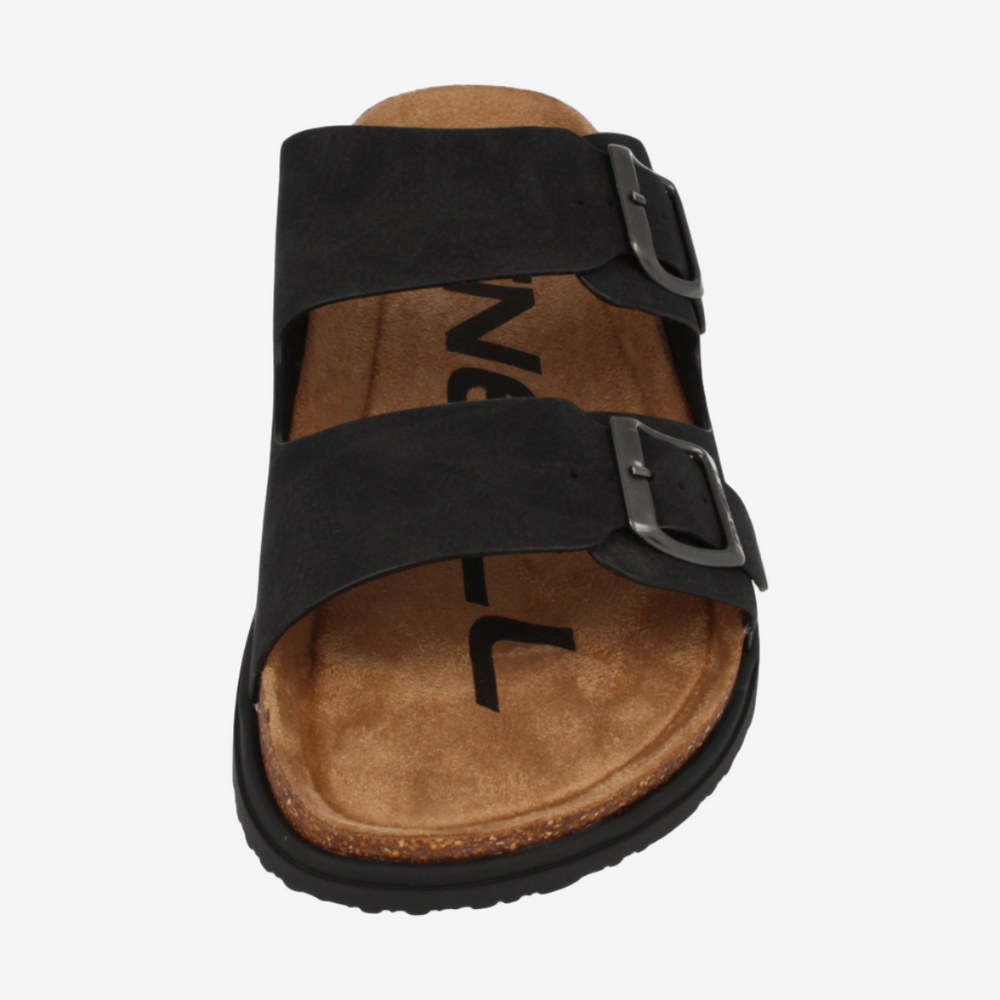 Black sandal with a brown sole on a white background