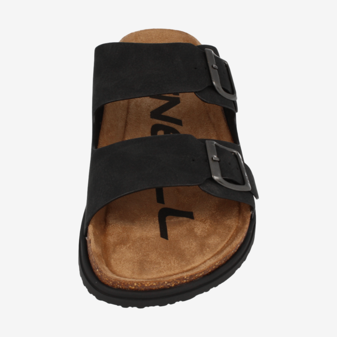Black sandal with a brown sole on a white background