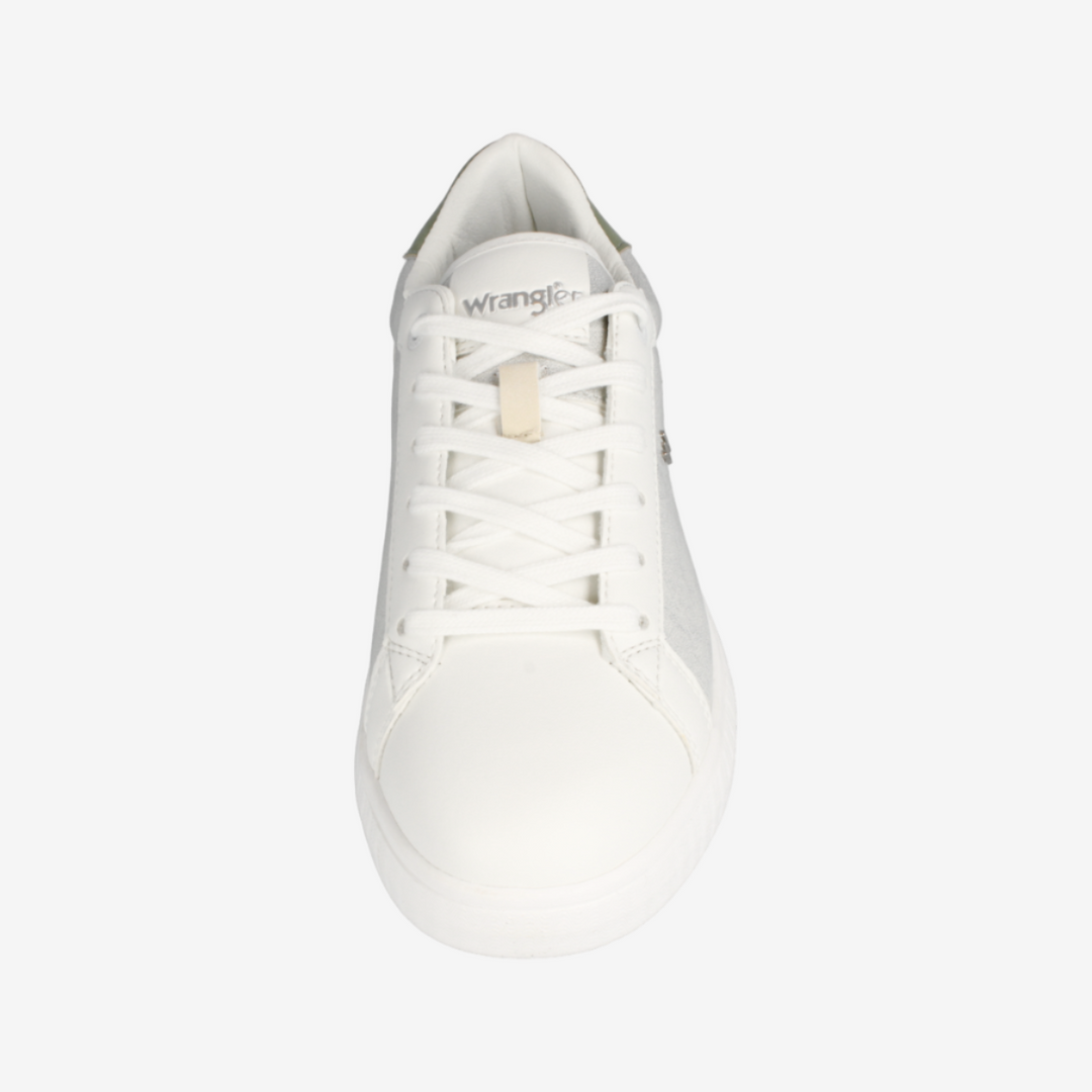White sneaker with 'Wrangler' branding on a white background