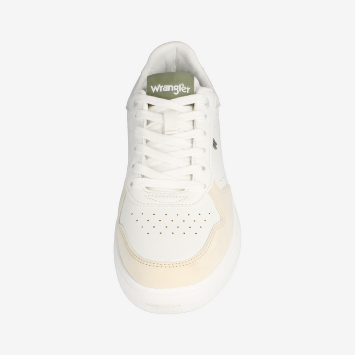 White sneaker with brand logo on a white background