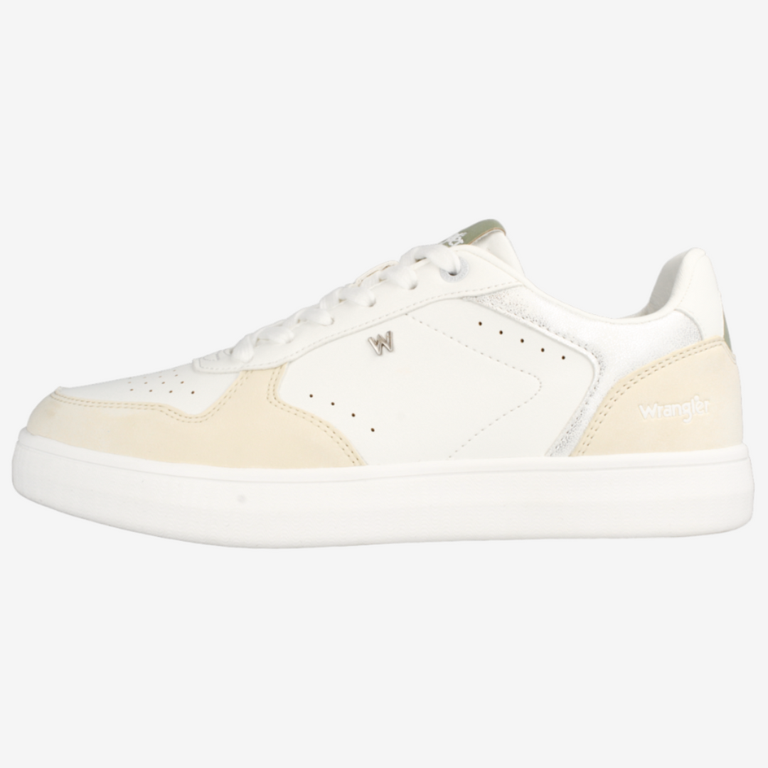 White sneaker with beige accents on a white background