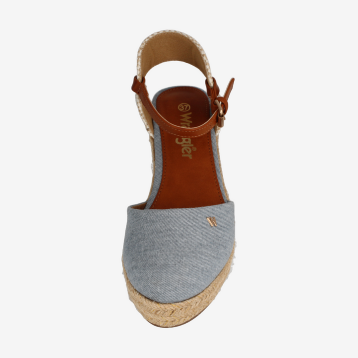 Gray espadrille sandal with jute sole on a white background