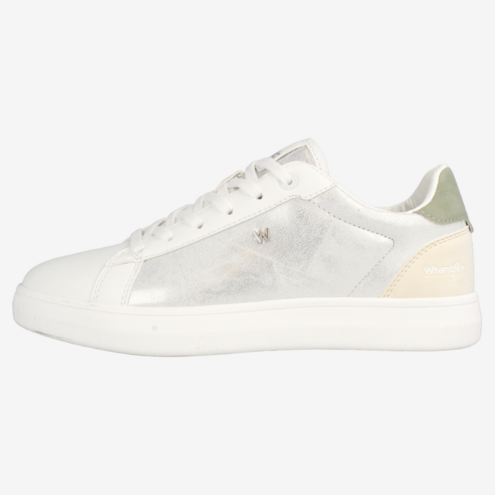 White sneaker with a subtle pattern on a white background