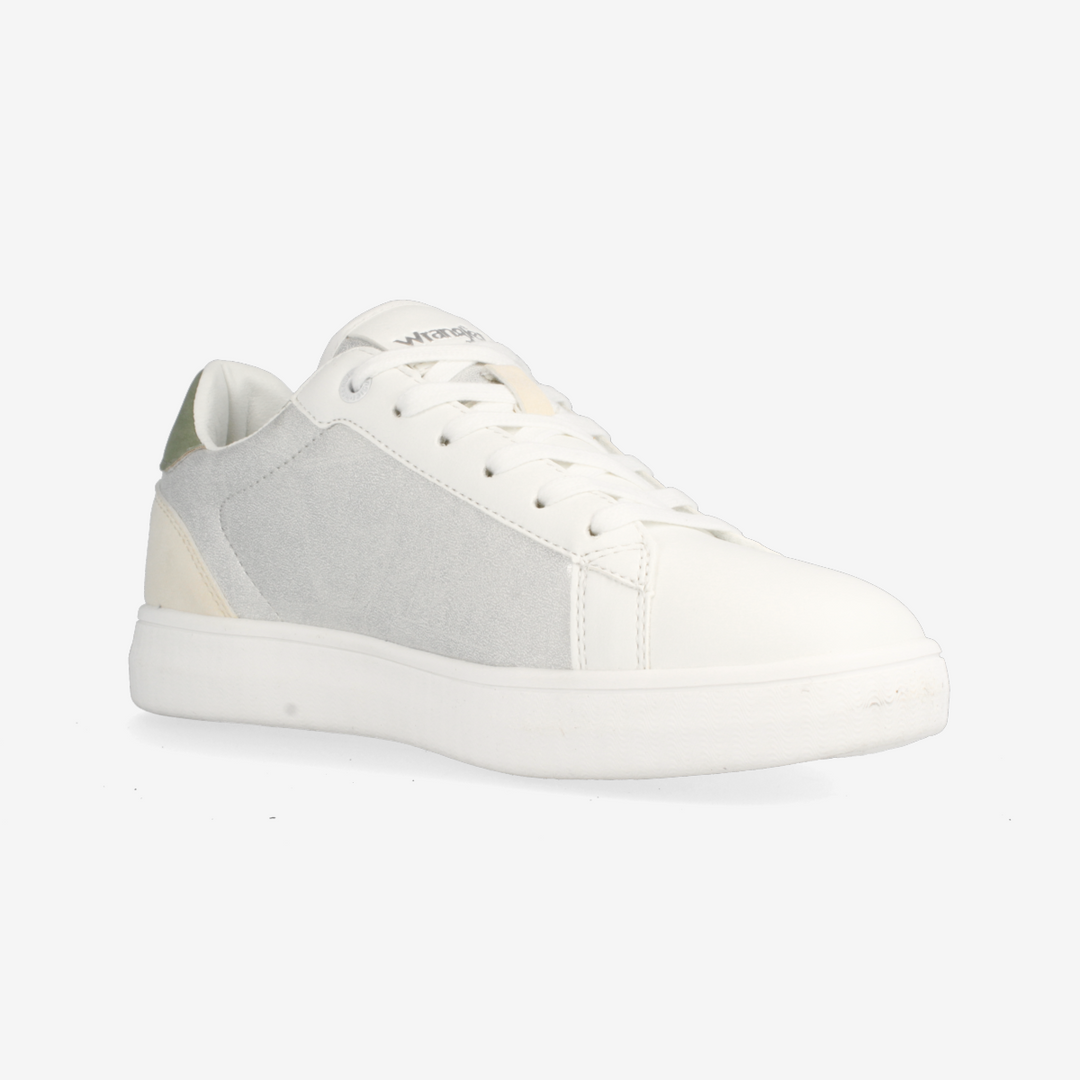 White sneaker with metallic accents on a white background