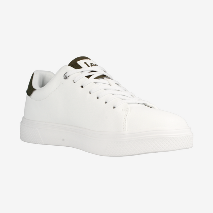 White sneaker with green accents on a white background