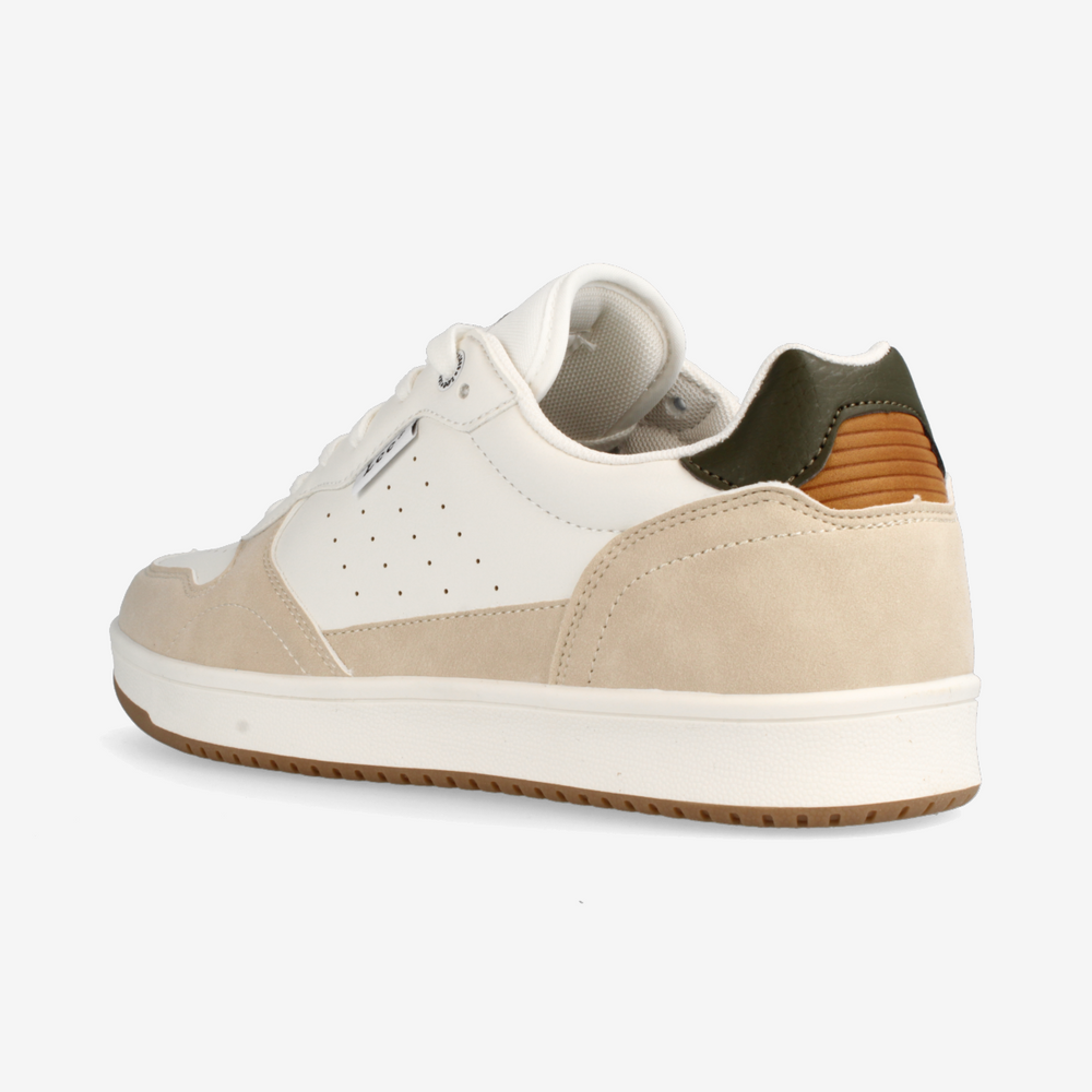 Sneaker with white and beige design on a light gray background