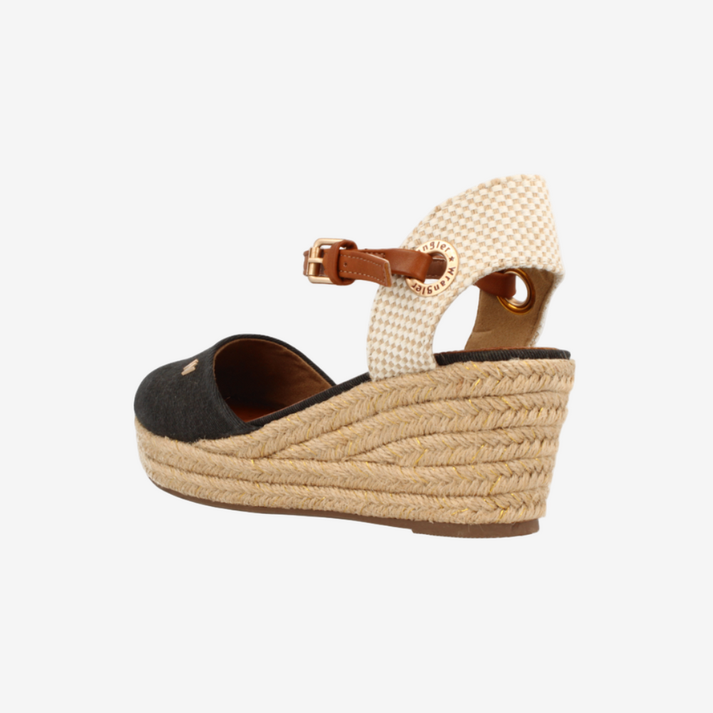 Beige wedge sandal with a strap on a white background