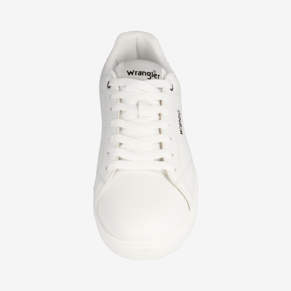 White sneaker with 'Wrangler' branding on a white background