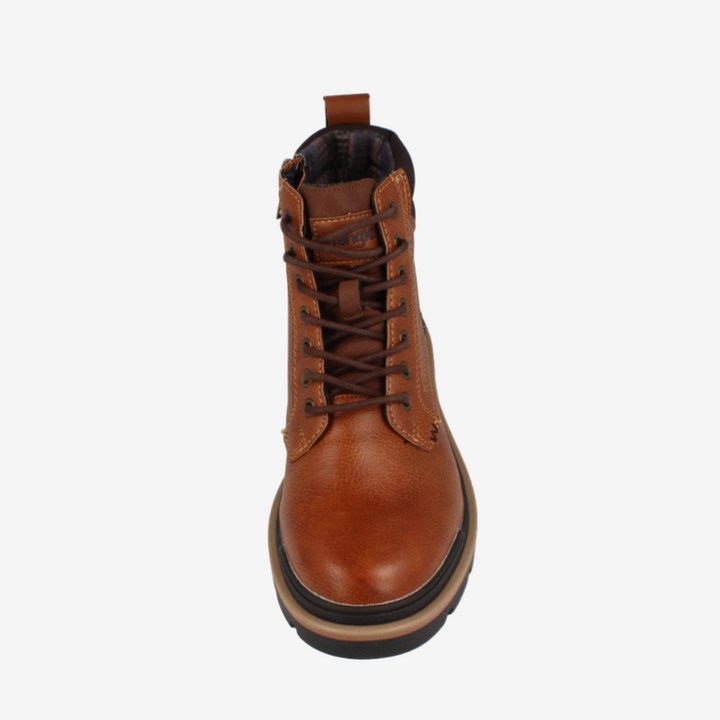 Brown leather boot on a white background