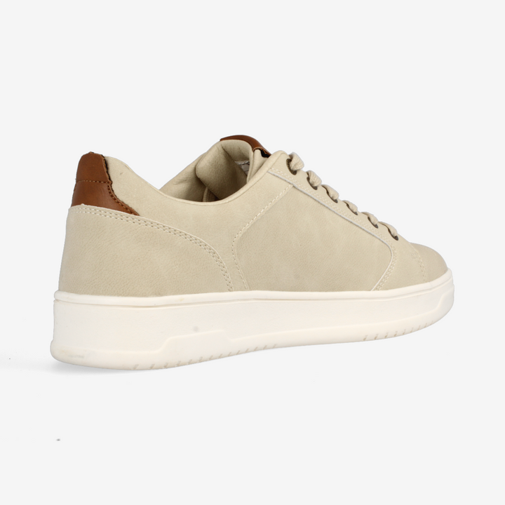 Beige sneaker with brown accents on a white background