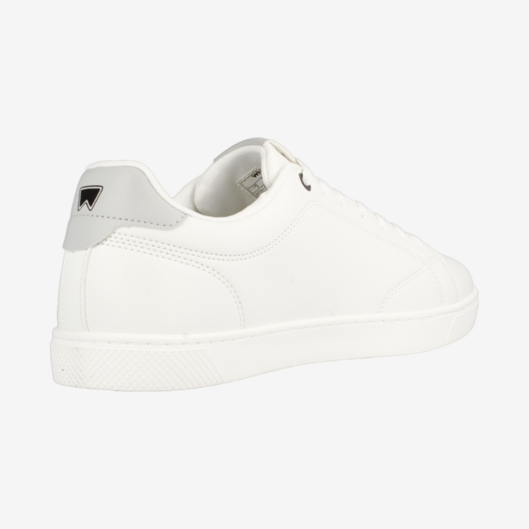 White sneaker with black logo on a white background