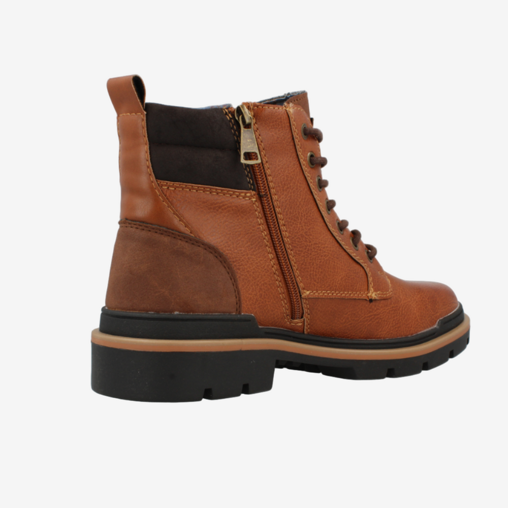 Brown leather boot with black sole on a white background