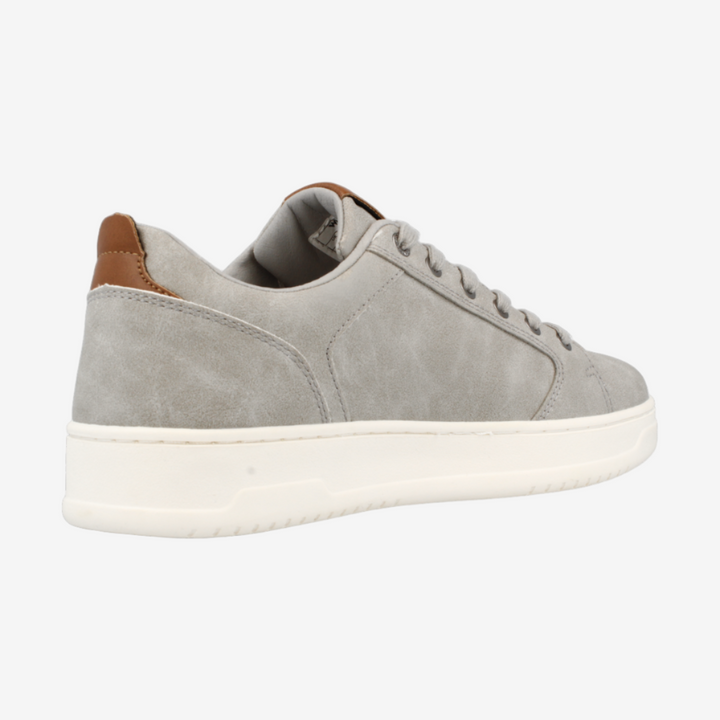 Gray sneaker with brown accents on a white background