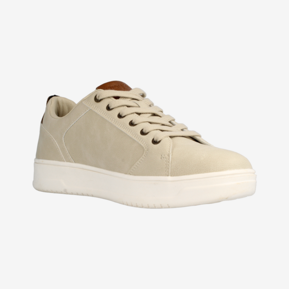 Beige sneaker with white sole on a light gray background