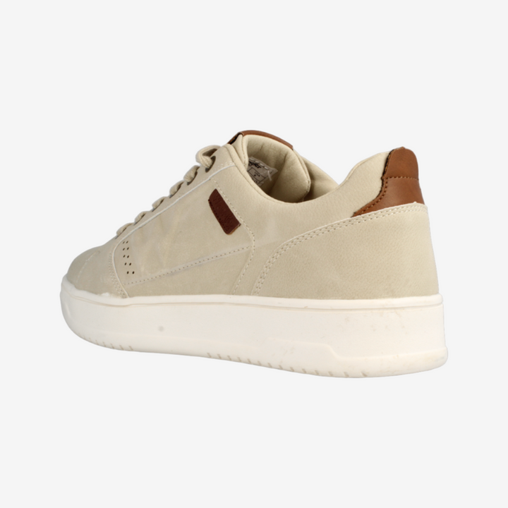 Beige sneaker with brown accents on a white background
