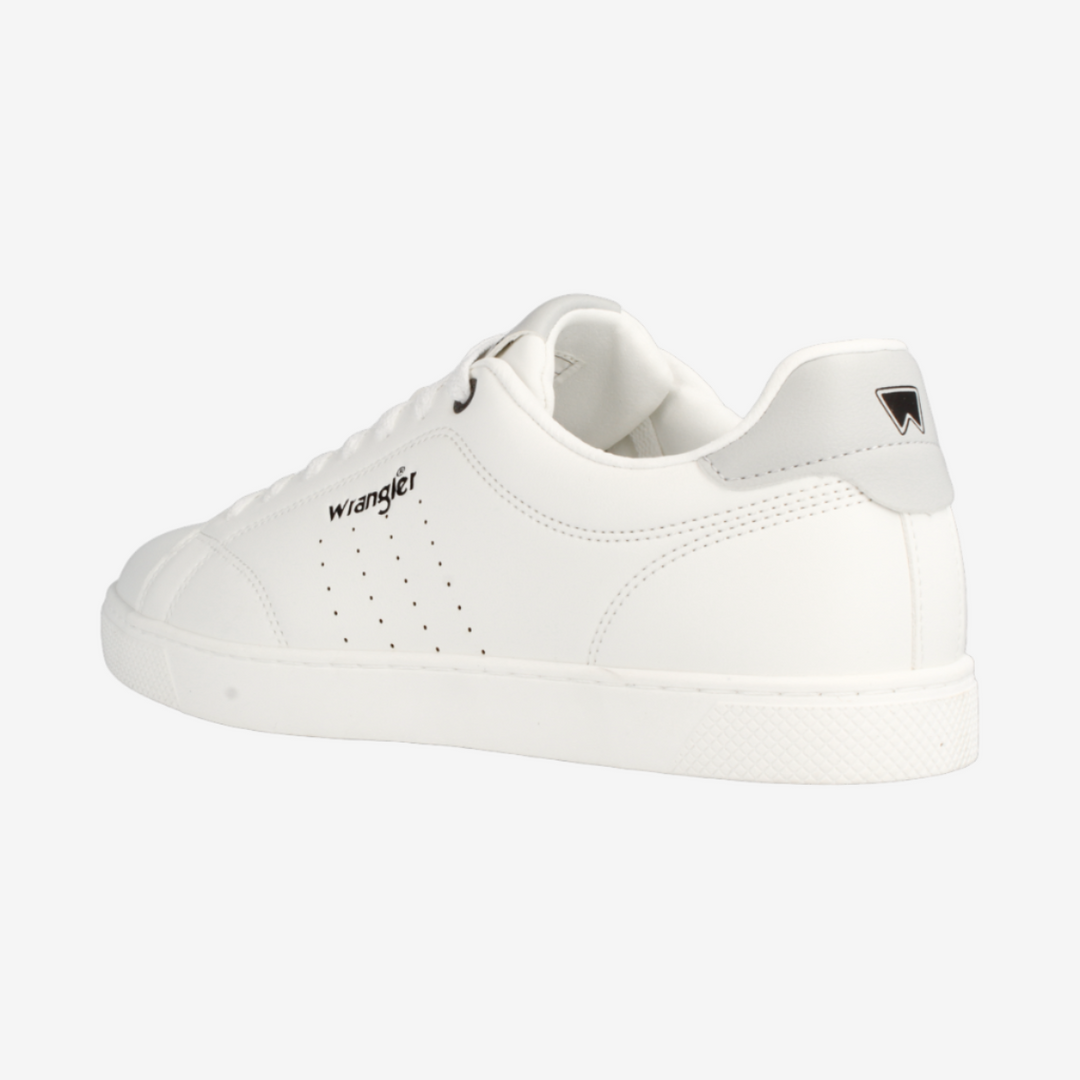 White sneaker with brand logo on a white background