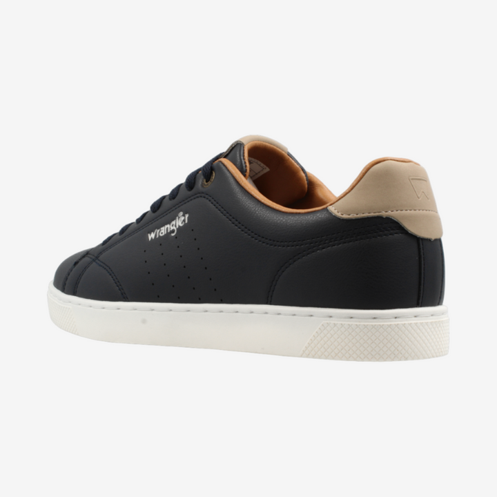Black sneaker with tan interior on a white background