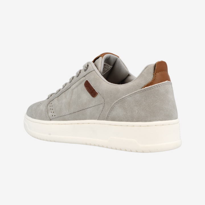 Gray sneaker with brown accents on a white background