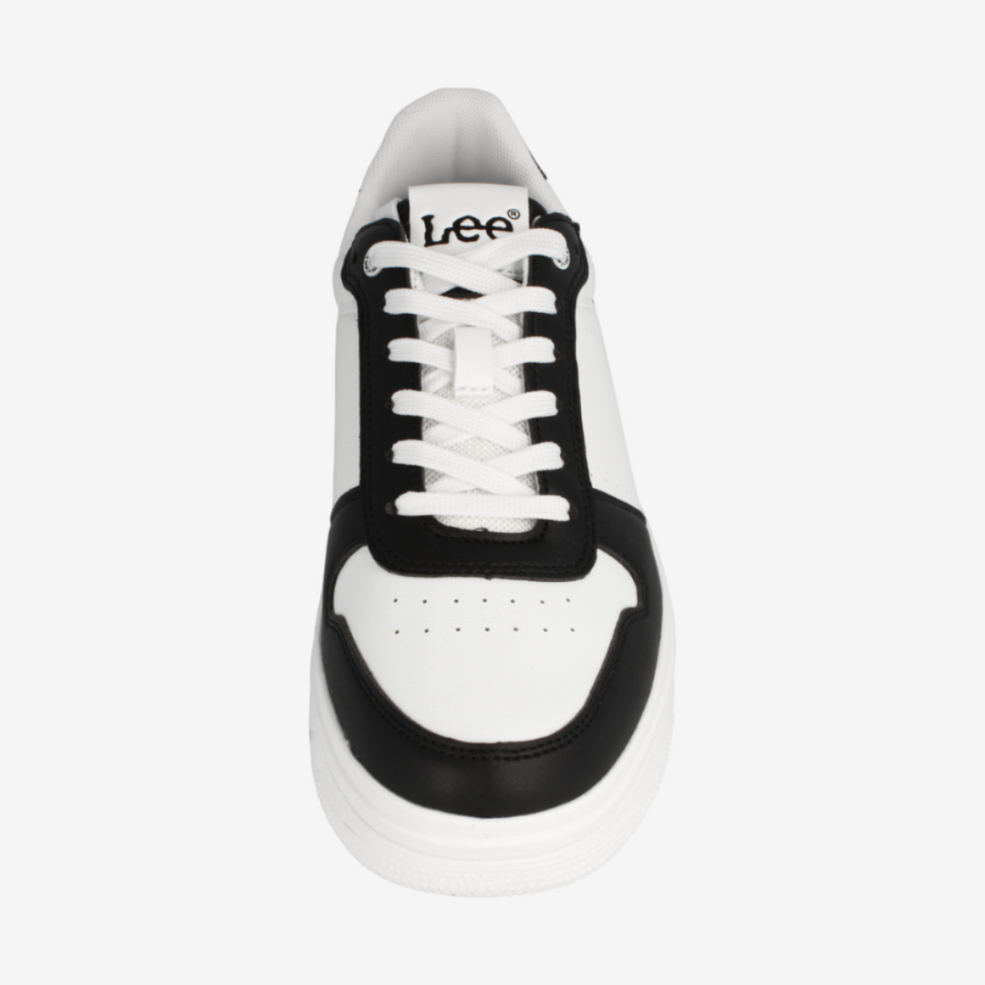 White and black sneaker with 'Lee' branding on a white background