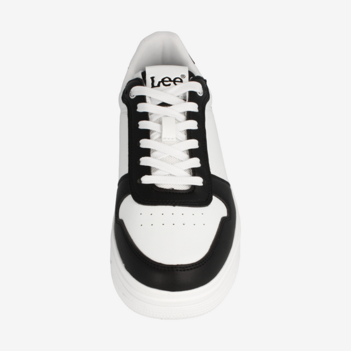 White and black sneaker with 'Lee' branding on a white background