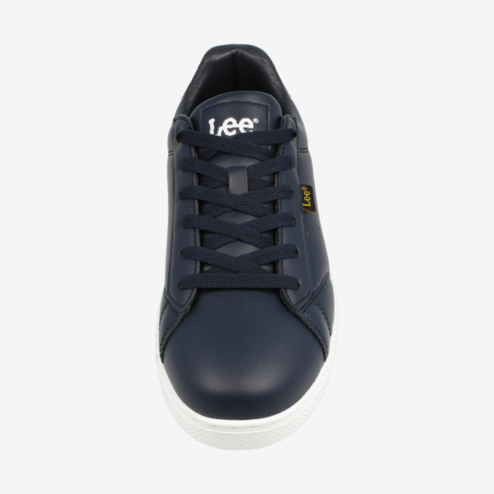 Navy blue sneaker with white sole on a white background