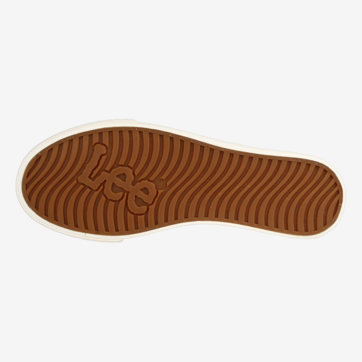 Brown shoe sole with a logo on a white background