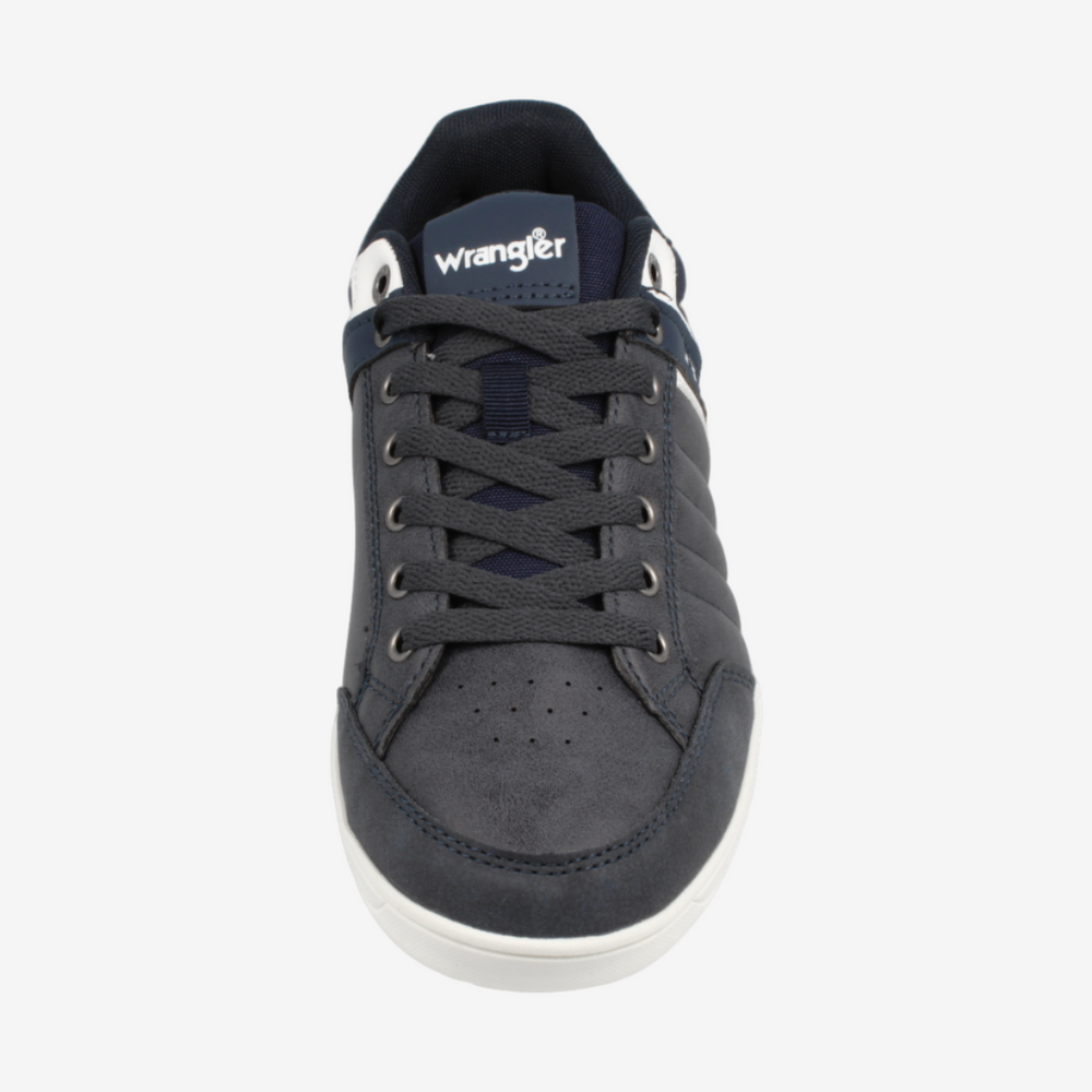 Dark gray sneaker with 'Wrangler' branding on a white background