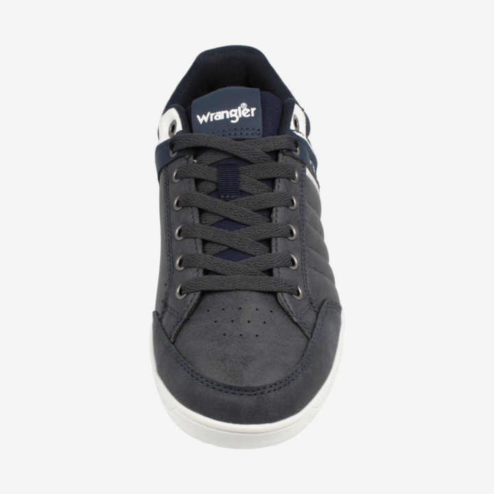 Dark gray sneaker with 'Wrangler' branding on a white background