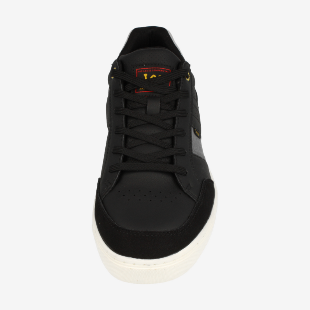 Black sneaker with white sole on a white background