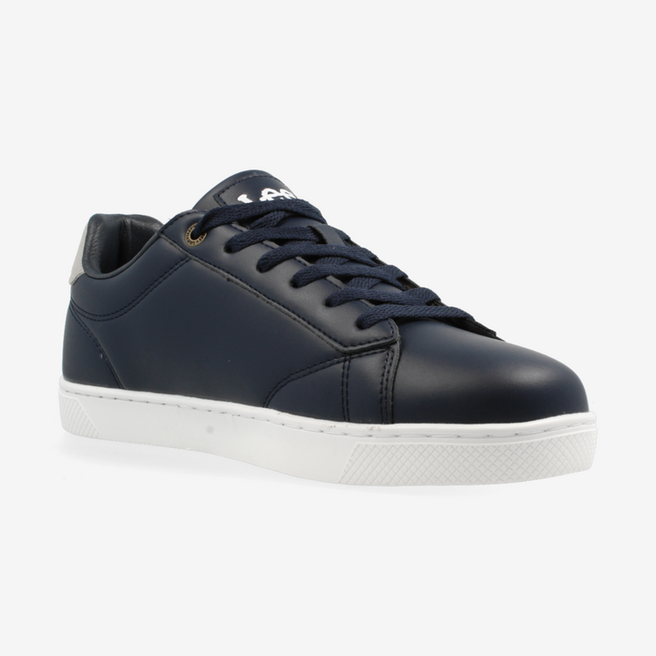 Navy blue sneaker with white sole on a light gray background
