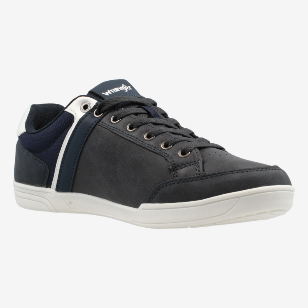 Black sneaker with white sole on a light gray background