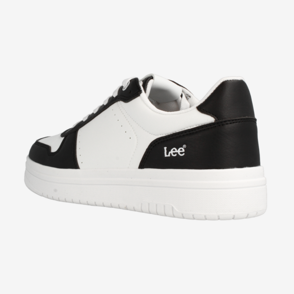 Black and white sneaker with 'Lee' branding on a light gray background