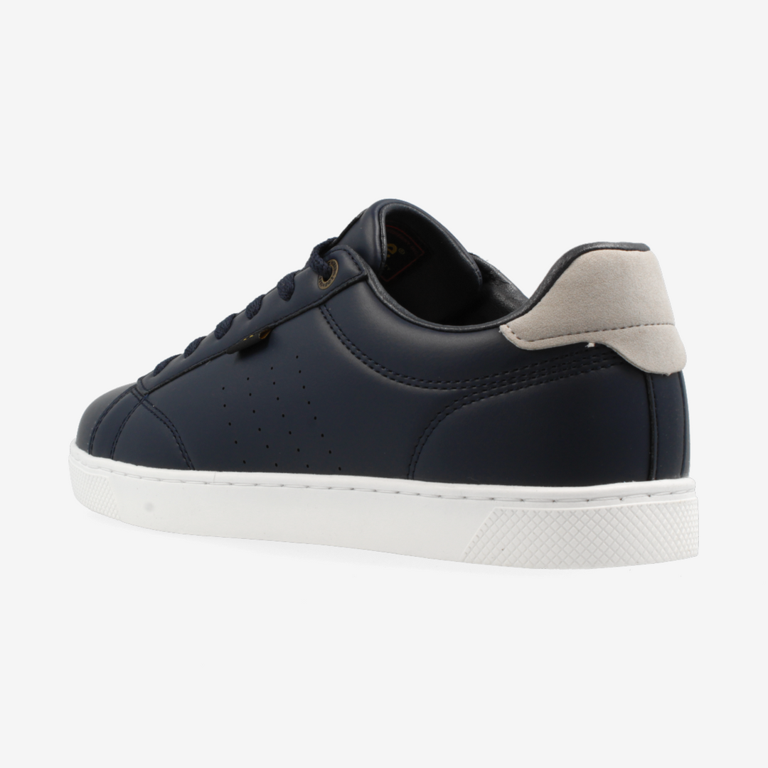 Navy blue sneaker with white sole on a light gray background