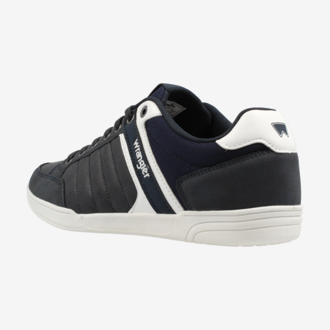 Navy blue sneaker with white accents on a white background